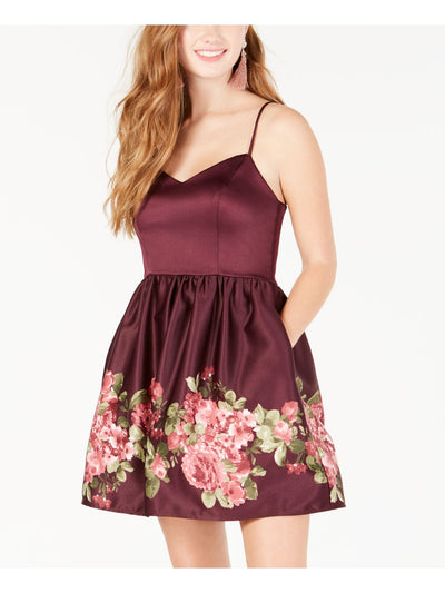 TEEZE ME Womens Burgundy Floral Spaghetti Strap Sweetheart Neckline Mini Party Fit + Flare Dress 7