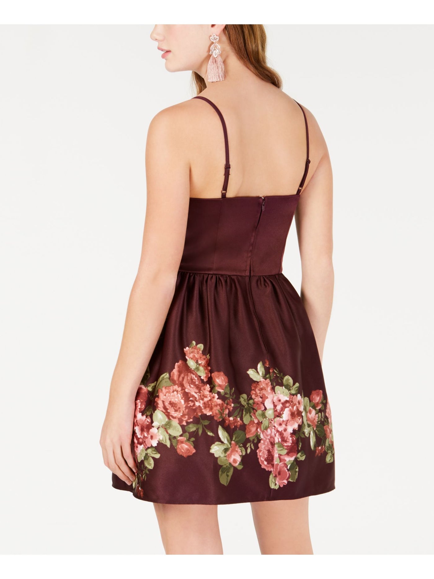 TEEZE ME Womens Burgundy Floral Spaghetti Strap Sweetheart Neckline Mini Party Fit + Flare Dress 7