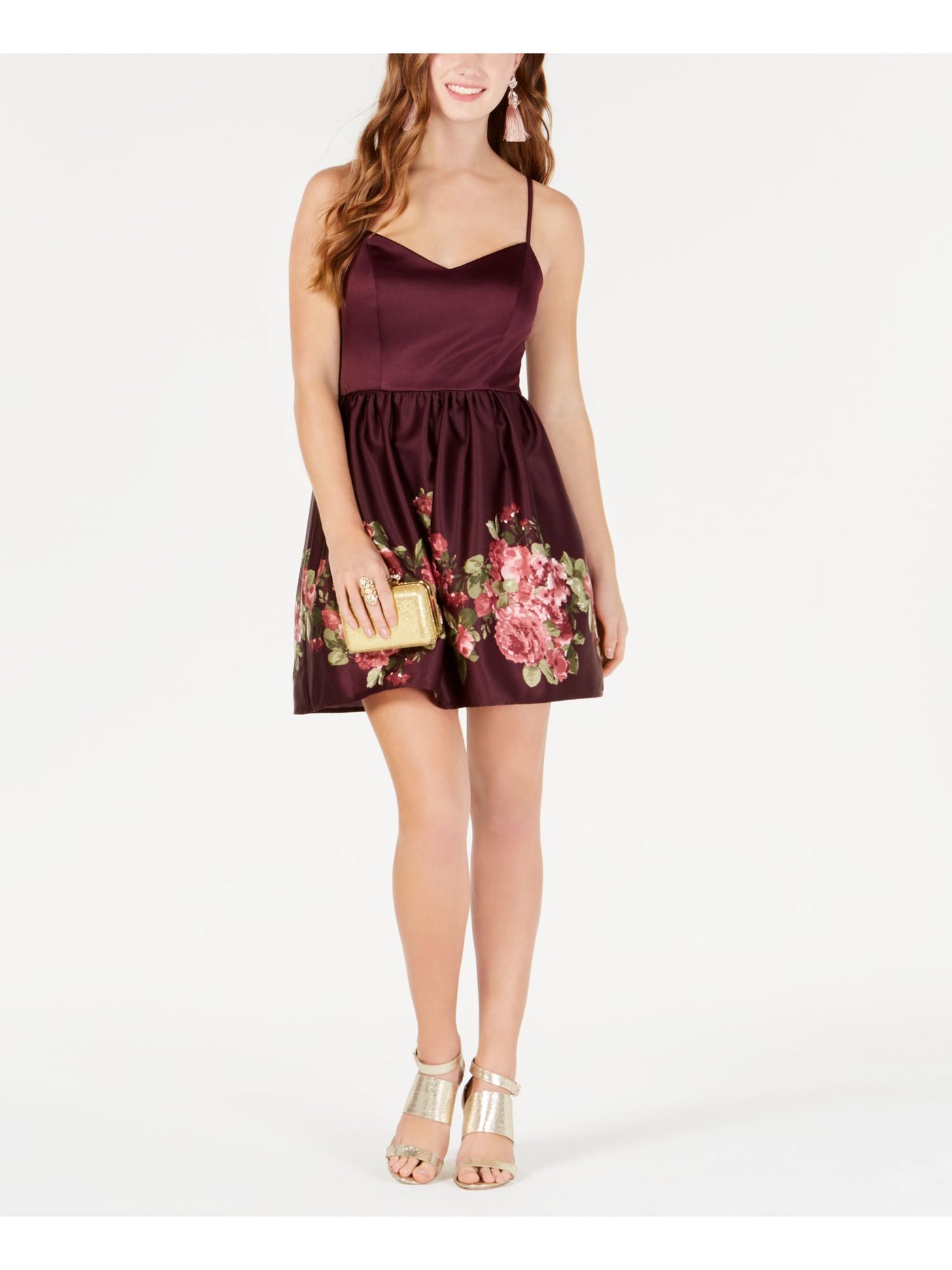 TEEZE ME Womens Burgundy Floral Spaghetti Strap Sweetheart Neckline Mini Party Fit + Flare Dress 7