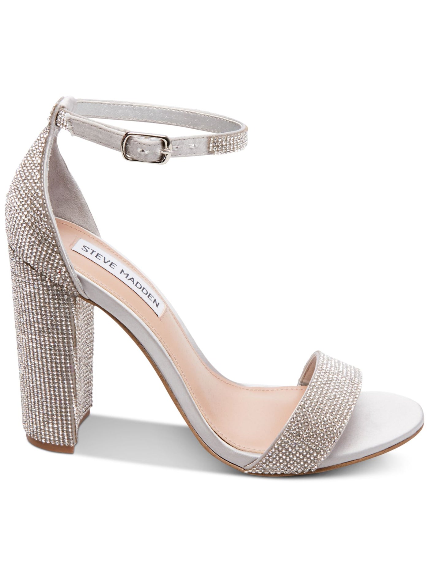 STEVE MADDEN Womens Silver Adjustable Ankle Strap Rhinestone Padded Carrson Open Toe Block Heel Buckle Dress Heeled Sandal 6.5 M