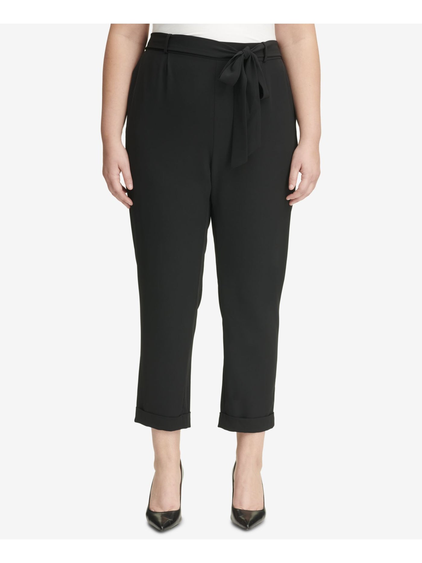 CALVIN KLEIN Womens Black Pocketed Tie Mid-rise Pull-on Paper-bag Wear To Work Cuffed Pants Plus 24W