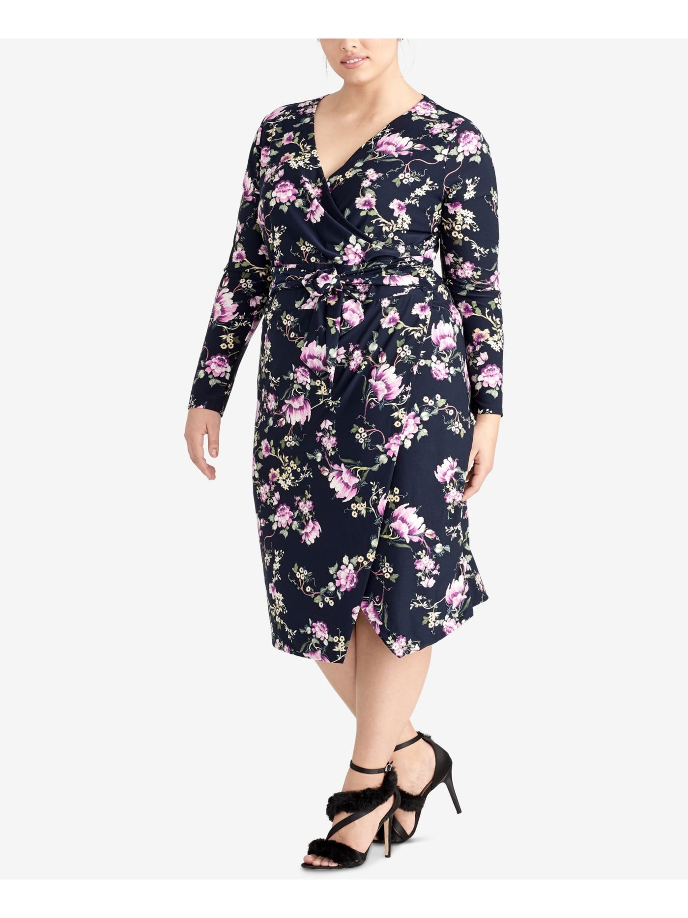 RACHEL RACHEL ROY Womens Navy Floral Long Sleeve V Neck Below The Knee Cocktail Sheath Dress Plus 2X