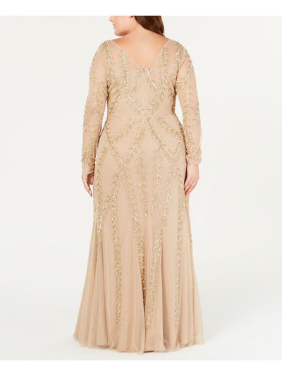 ADRIANNA PAPELL Womens Beige Beaded Slitted Gown Long Sleeve Scoop Neck Full-Length Evening Dress 2