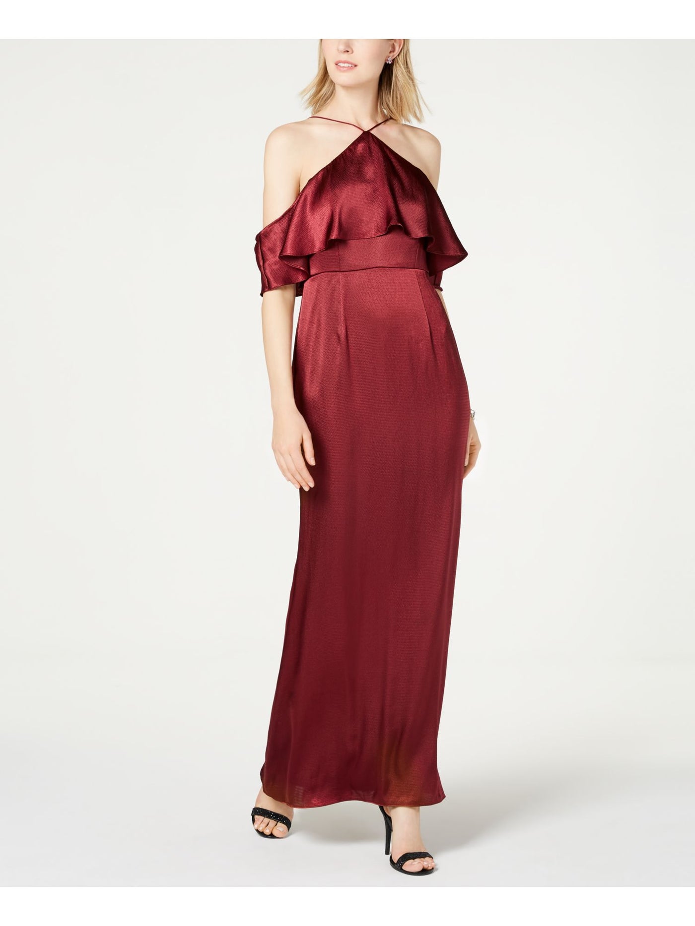 ADRIANNA PAPELL Womens Burgundy Cold Shoulder  Gown Halter Neck Short Sleeve Halter Full-Length Evening Dress 8
