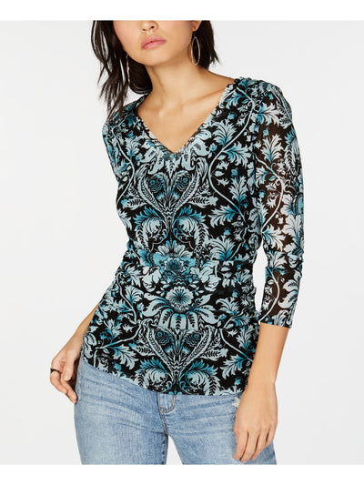 INC Womens Black Printed 3/4 Sleeve V Neck Top M