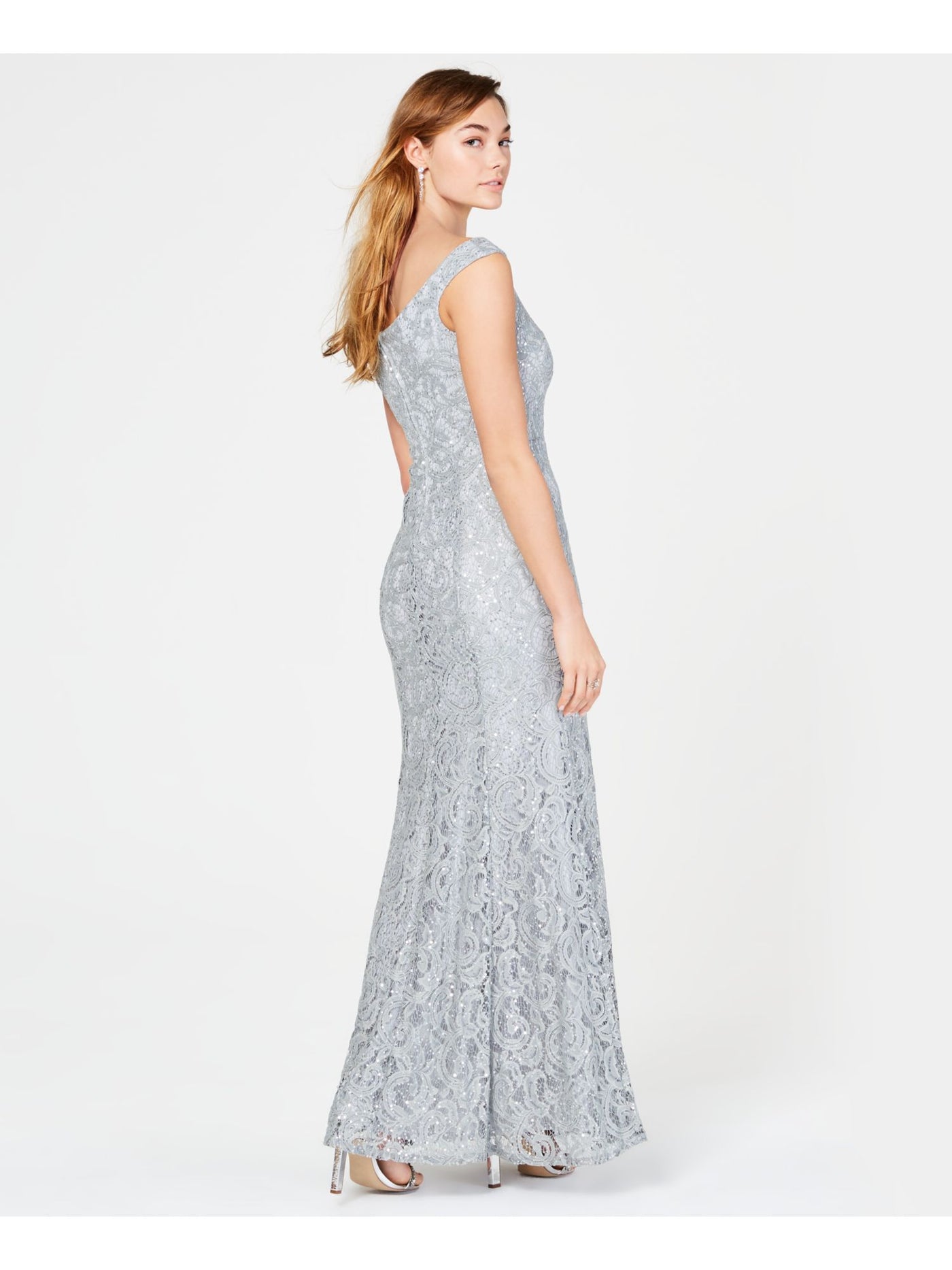 SPEECHLESS Womens Silver Sequined Lace Zippered Maxi Evening Mermaid Dress Juniors 3