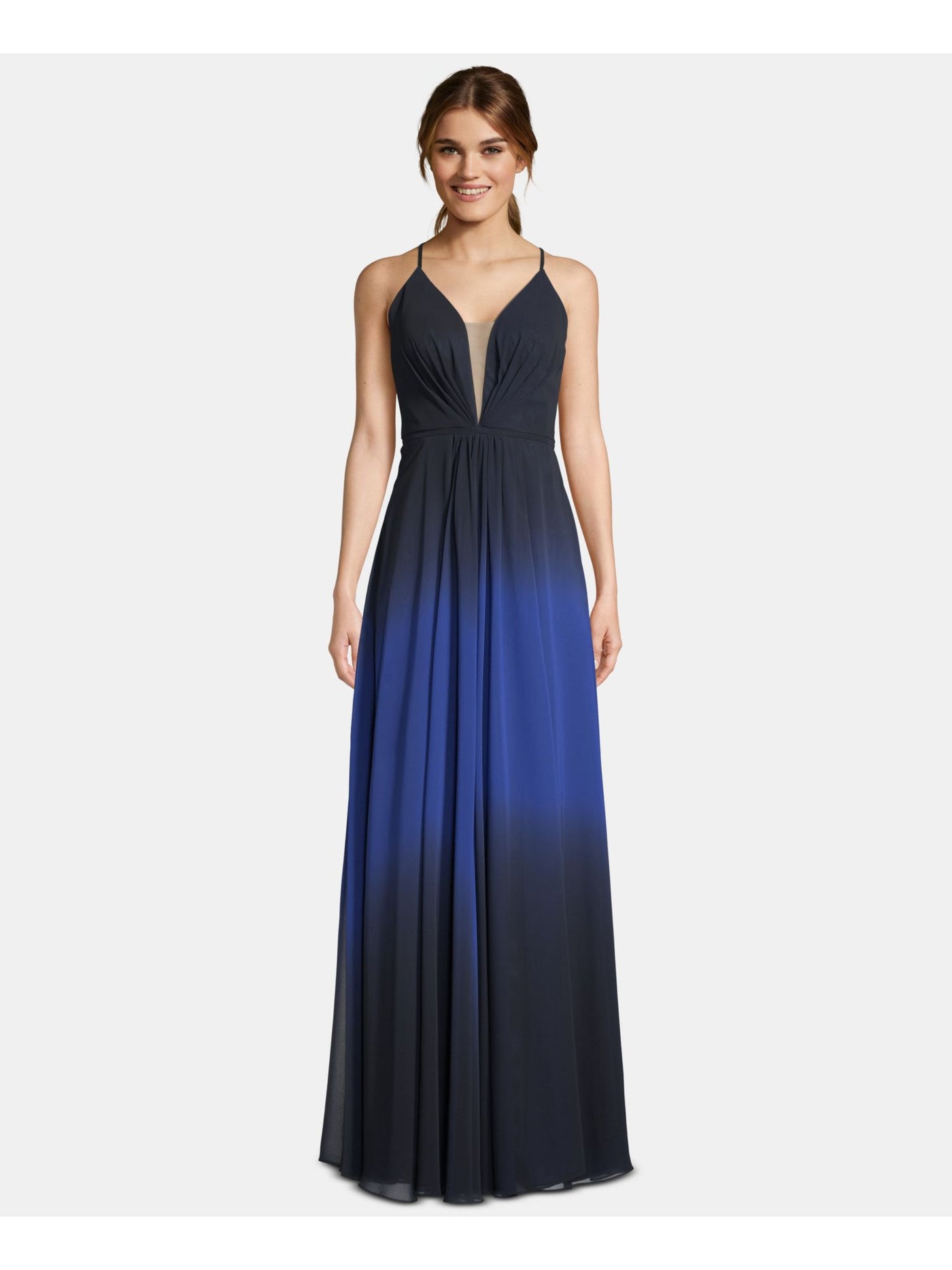 BETSY & ADAM Womens Blue Sheer Ombre Spaghetti Strap V Neck Full-Length Formal Empire Waist Dress 2