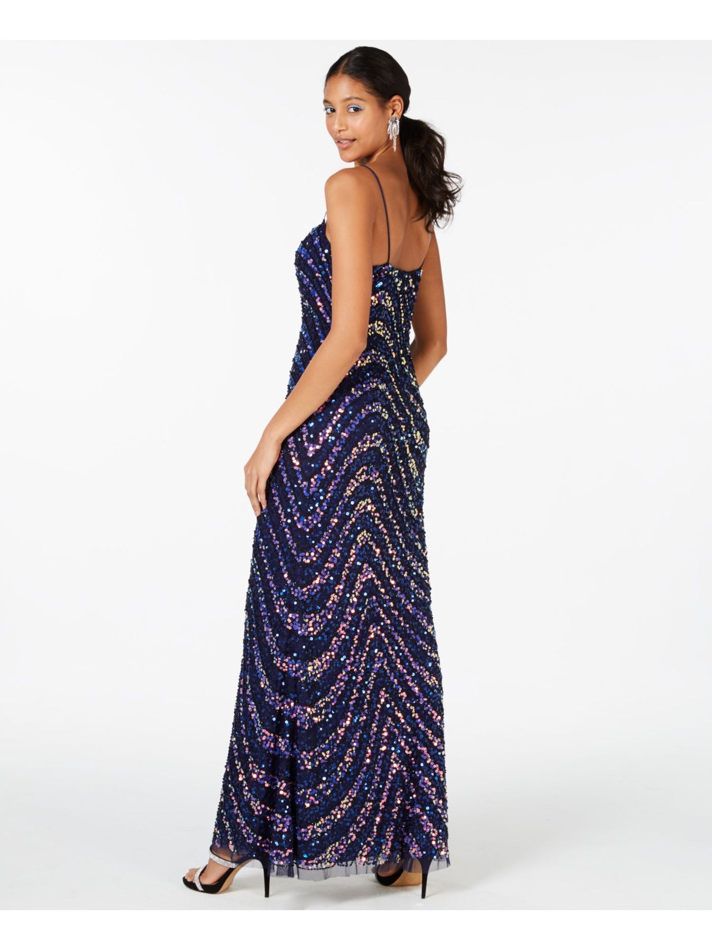 ADRIANNA PAPELL Womens Navy Sequined Printed Spaghetti Strap Sweetheart Neckline Maxi Formal Sheath Dress 10