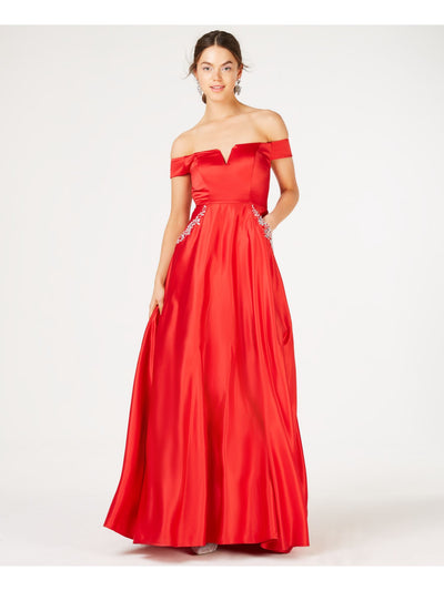 SAY YES TO THE PROM Womens Red Embellished Pocketed Zippered Notched Lined Cap Sleeve Off Shoulder Full-Length Prom Gown Dress Juniors 3