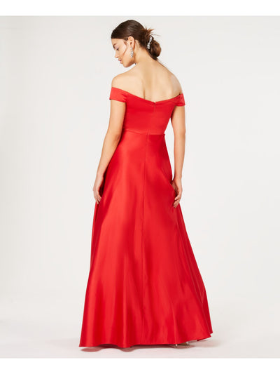 SAY YES TO THE PROM Womens Red Embellished Pocketed Zippered Notched Lined Cap Sleeve Off Shoulder Full-Length Prom Gown Dress Juniors 3