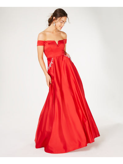 SAY YES TO THE PROM Womens Red Embellished Pocketed Zippered Notched Lined Cap Sleeve Off Shoulder Full-Length Prom Gown Dress Juniors 3