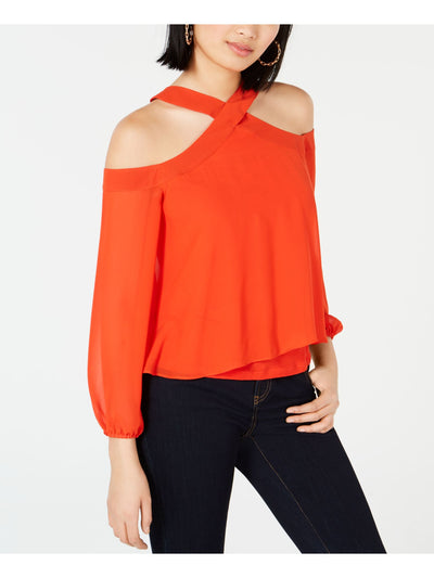 BAR III Womens Orange Cold Shoulder Sheer Long Sleeve Halter Top XXS