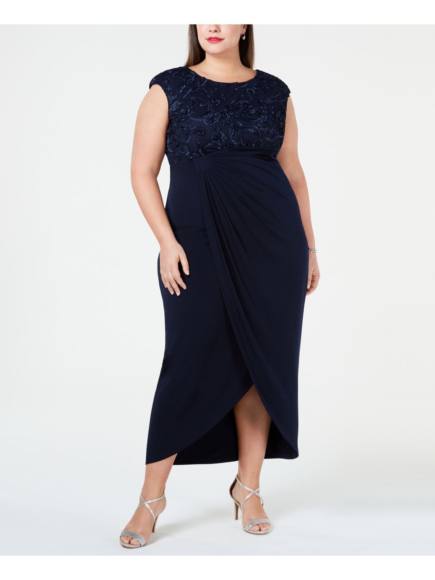 CONNECTED APPAREL Womens Navy Short Sleeve Jewel Neck Maxi Evening Hi-Lo Dress Plus 24W