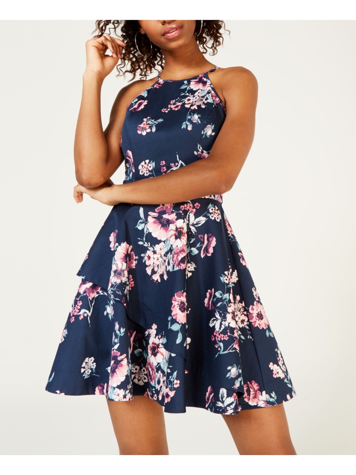 SPEECHLESS Womens Navy Floral Halter Short Fit + Flare Dress 1