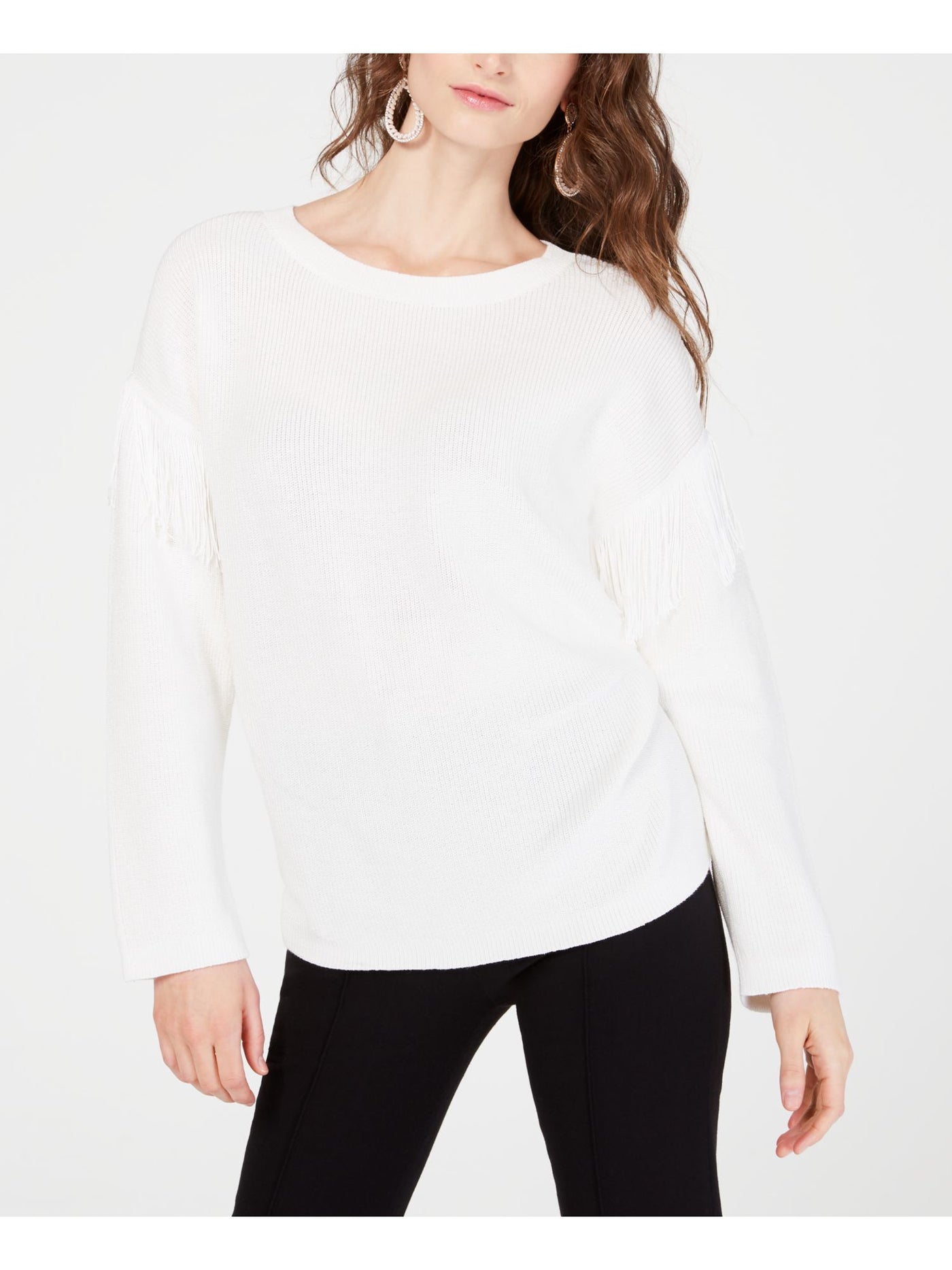 INC Womens Fringed Long Sleeve Crew Neck Sweater