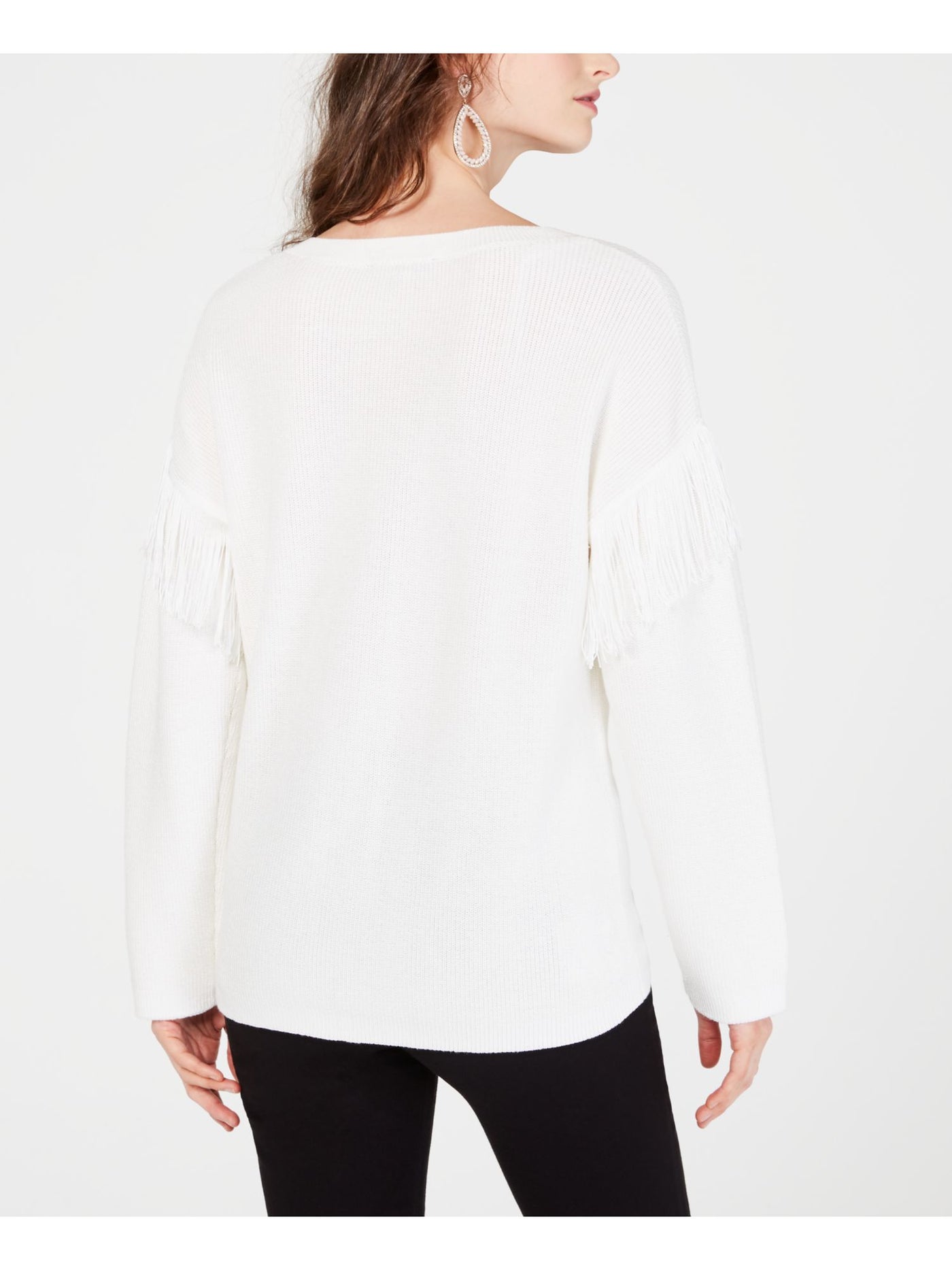 INC Womens White Fringed Long Sleeve Crew Neck Sweater M