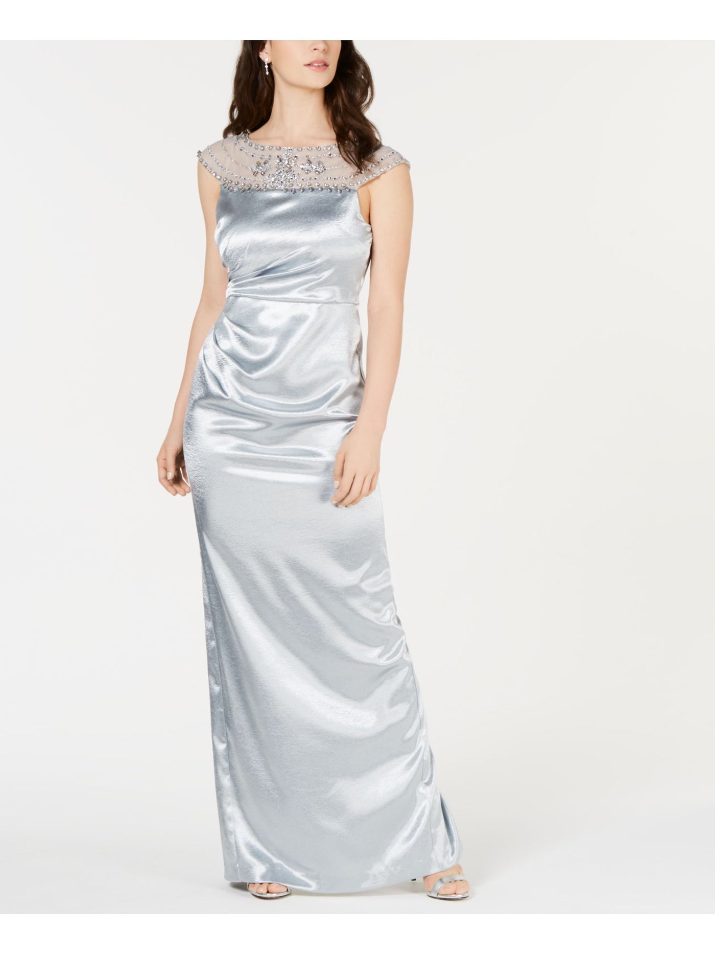 ADRIANNA PAPELL Womens Light Blue Embellished Ruched Satin Sleeveless Illusion Neckline Full-Length Formal Dress 14