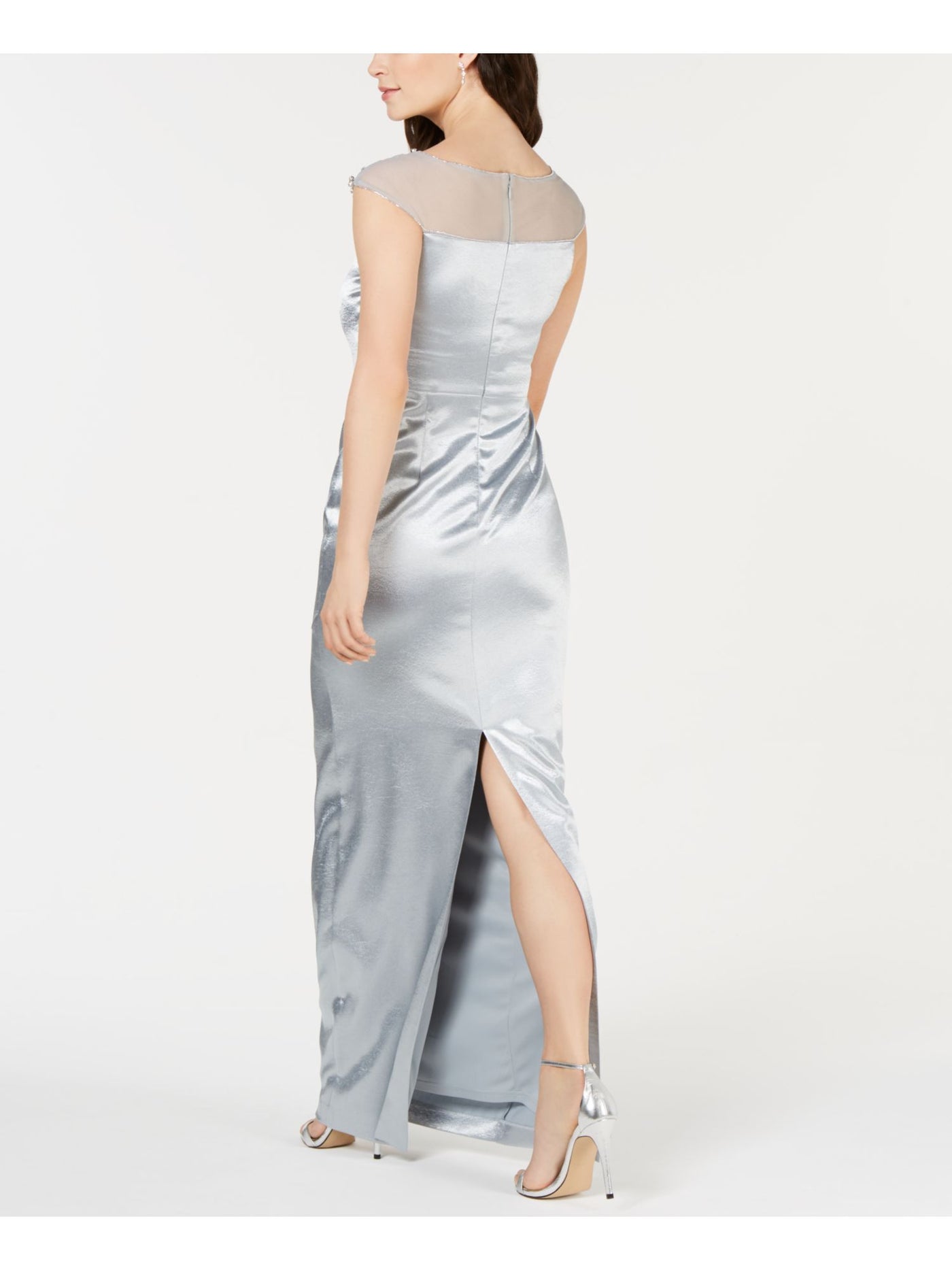 ADRIANNA PAPELL Womens Embellished Ruched Satin Sleeveless Illusion Neckline Full-Length Formal Sheath Dress