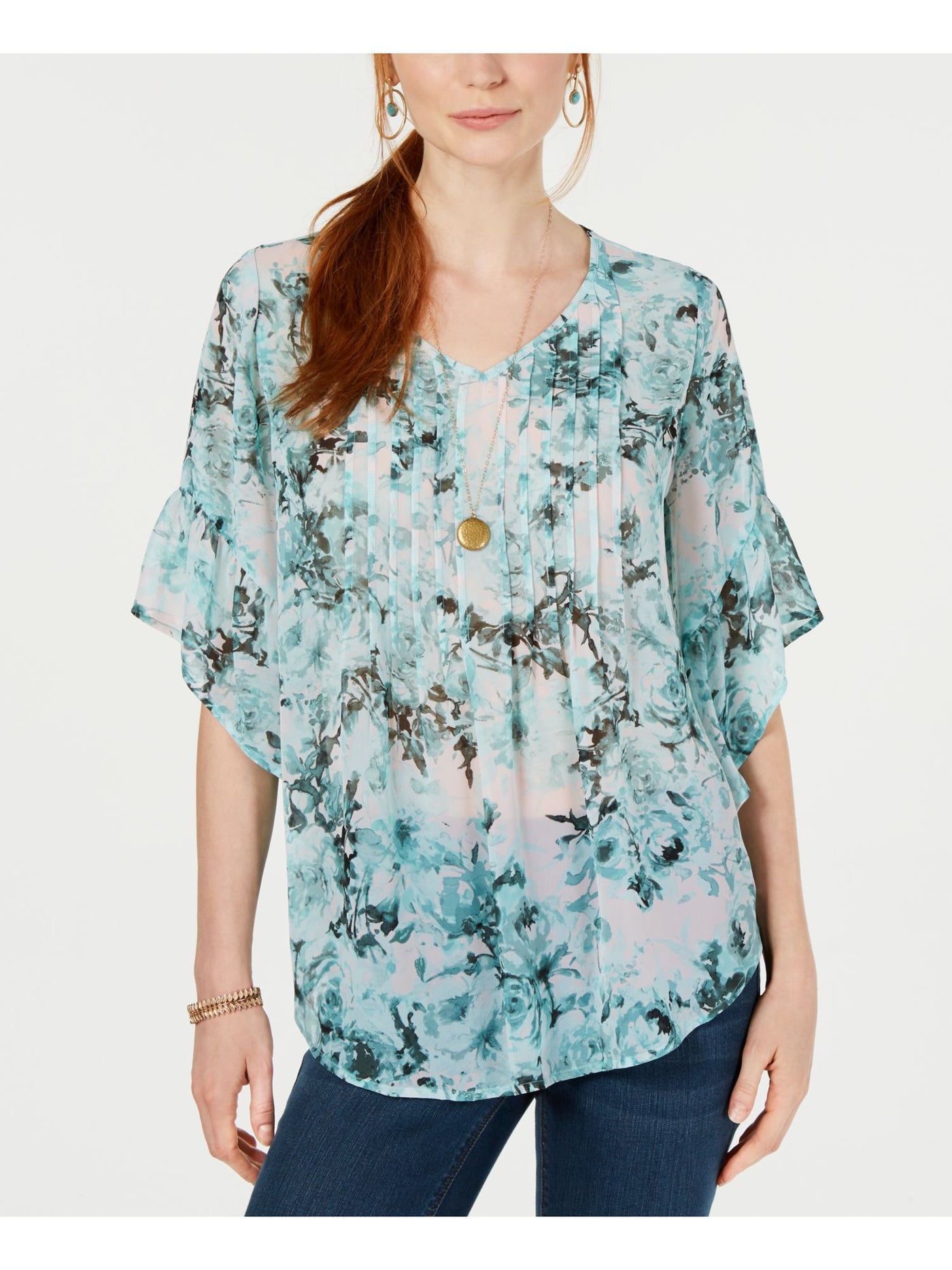 STYLE & COMPANY Womens Aqua Pleated Floral Short Sleeve Jewel Neck Top PL