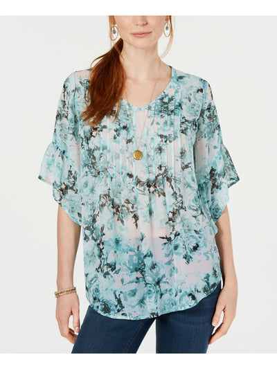 STYLE & COMPANY Womens Aqua Pleated Floral Short Sleeve Jewel Neck Top PL