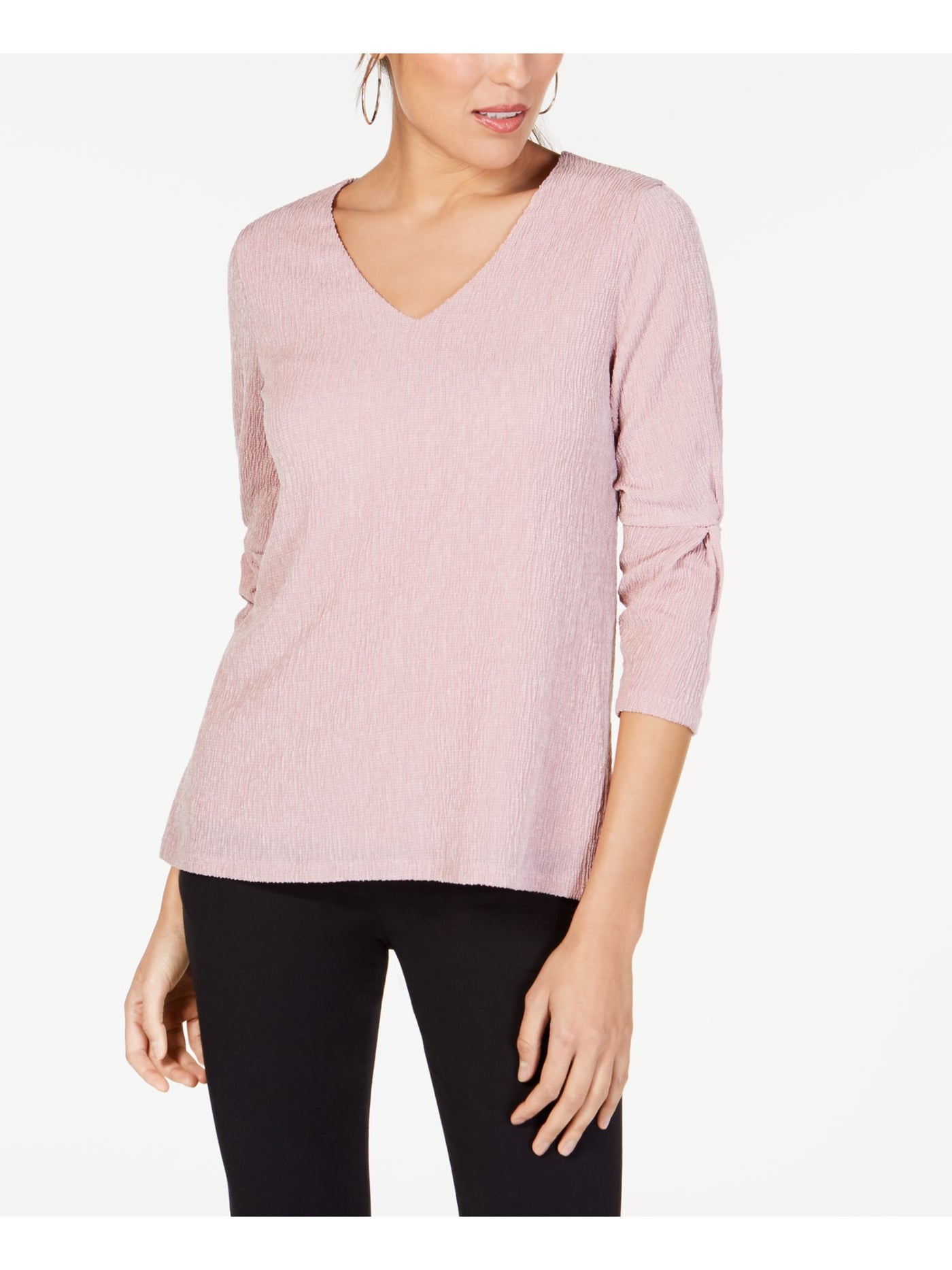 ALFANI Womens Pink Textured Twist Sleeve 3/4 Sleeve V Neck Top M