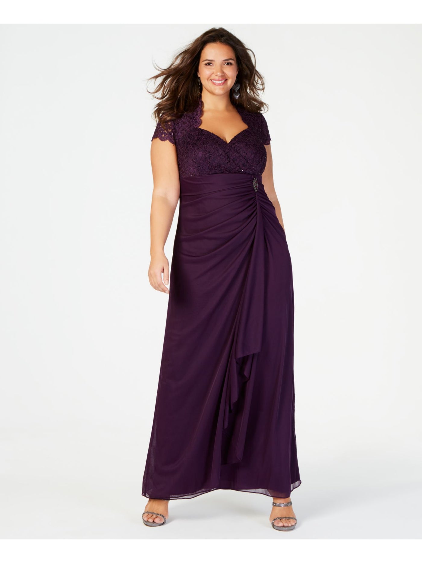 B&A  BY BETSY & ADAM Womens Purple Sequined Short Sleeve Queen Anne Neckline Full-Length Formal Sheath Dress Plus 14W