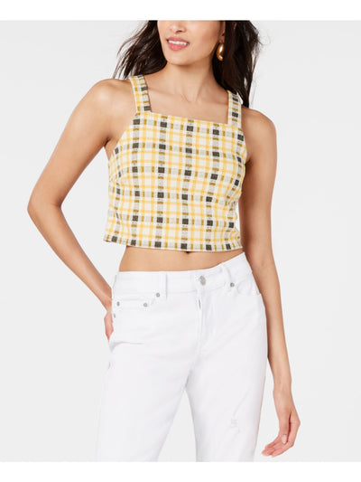 PROJECT 28 NYC Womens Yellow Check Sleeveless Square Neck Party Crop Top L