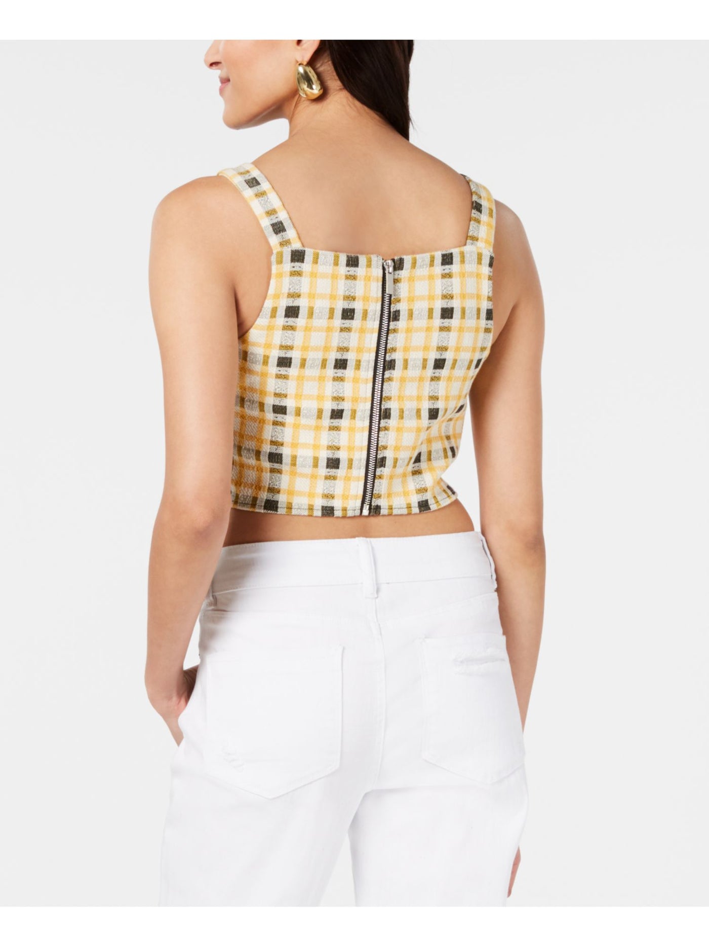 PROJECT 28 NYC Womens Yellow Check Sleeveless Square Neck Party Crop Top XL