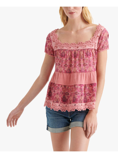 LUCKY BRAND Womens Pink Low Back Floral Short Sleeve Square Neck Peasant Top M