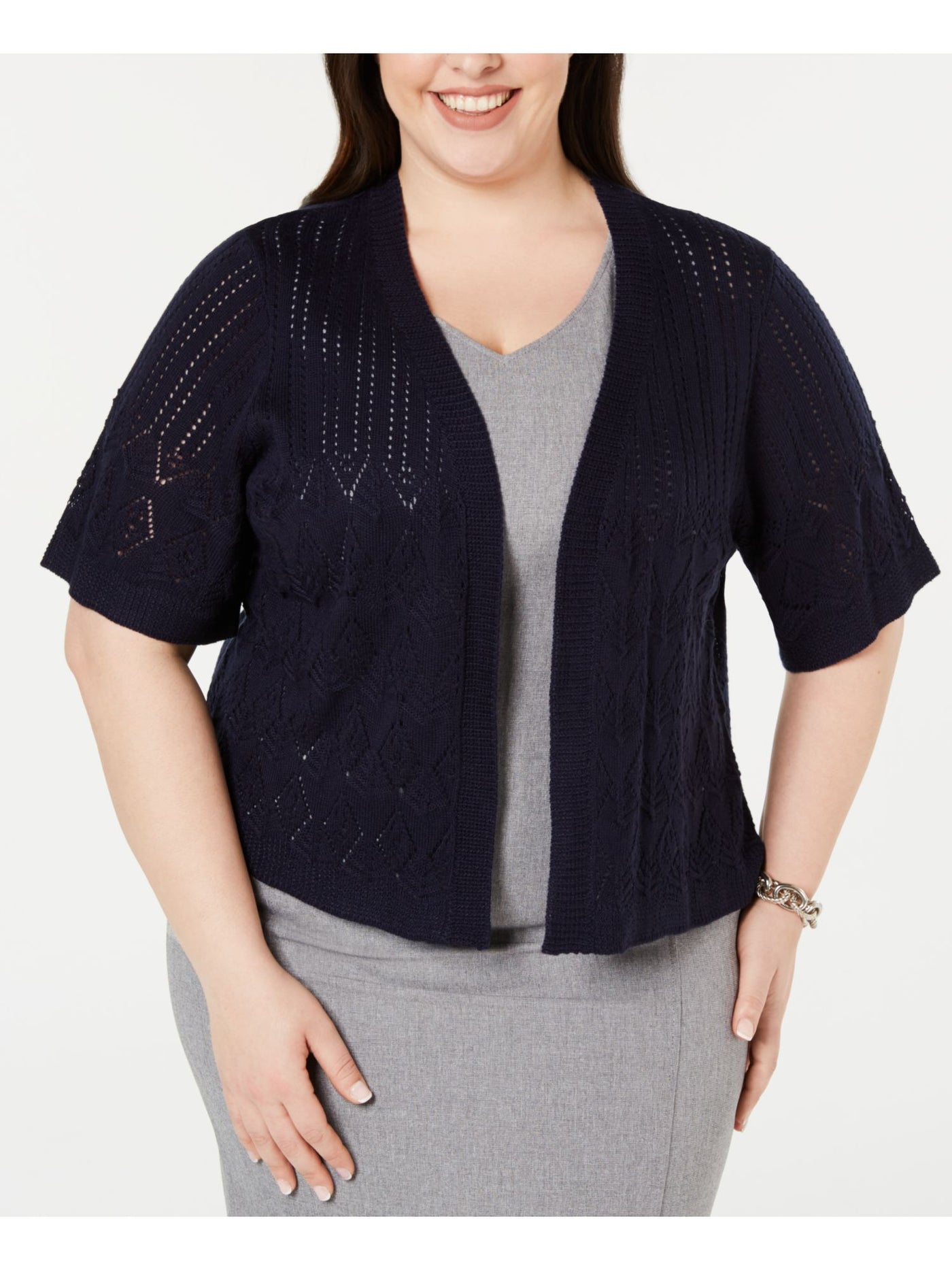 SIGNATURE BY ROBBIE BEE Womens Navy Open Cardigan Sweater Plus 2X