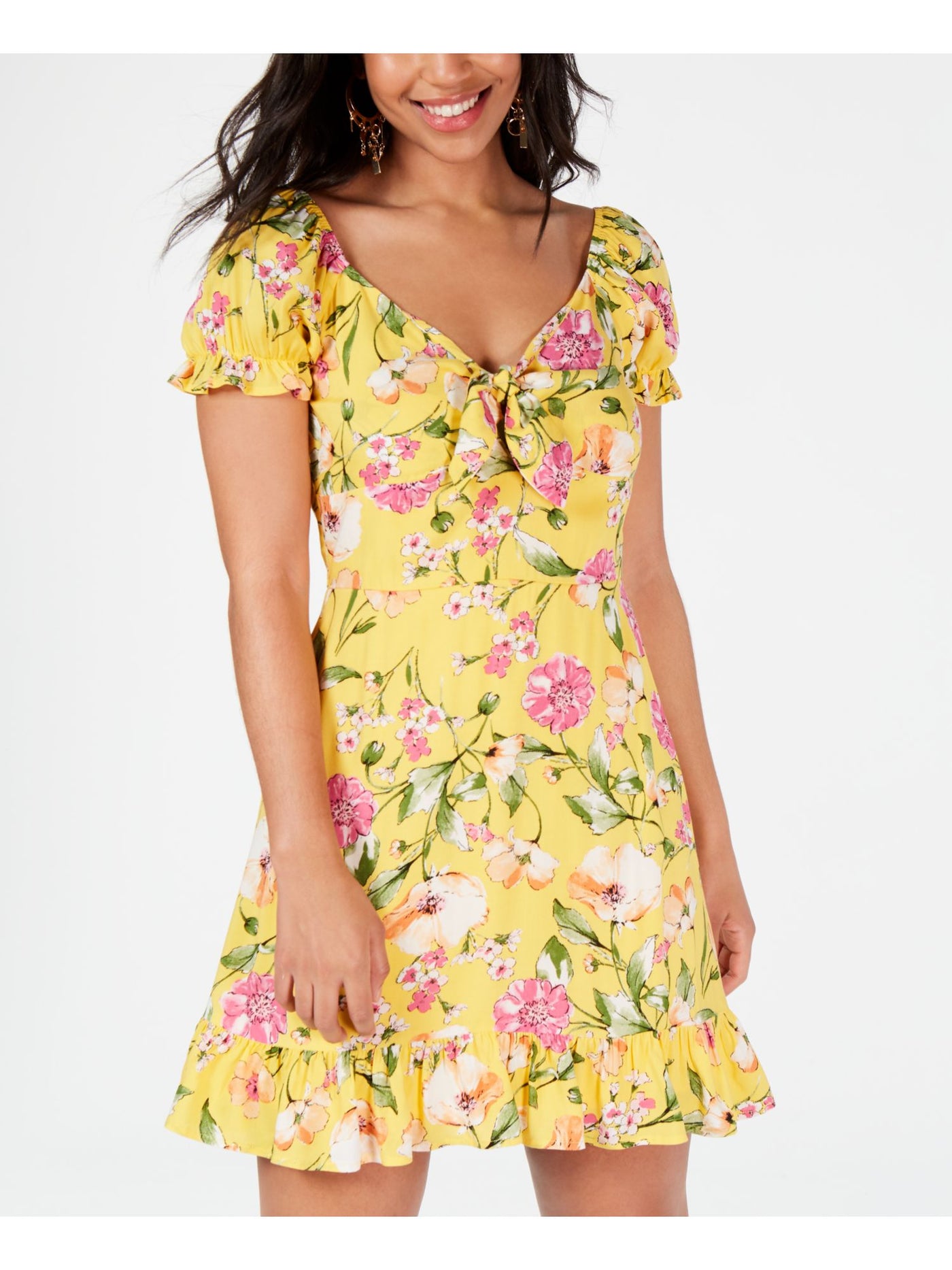CITY STUDIO Womens Gold Floral Short Sleeve Sweetheart Neckline Mini Party Fit + Flare Dress Juniors 11