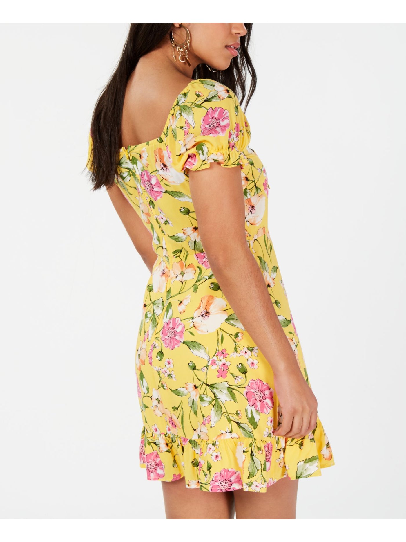 CITY STUDIO Womens Gold Floral Short Sleeve Sweetheart Neckline Mini Party Fit + Flare Dress Juniors 11