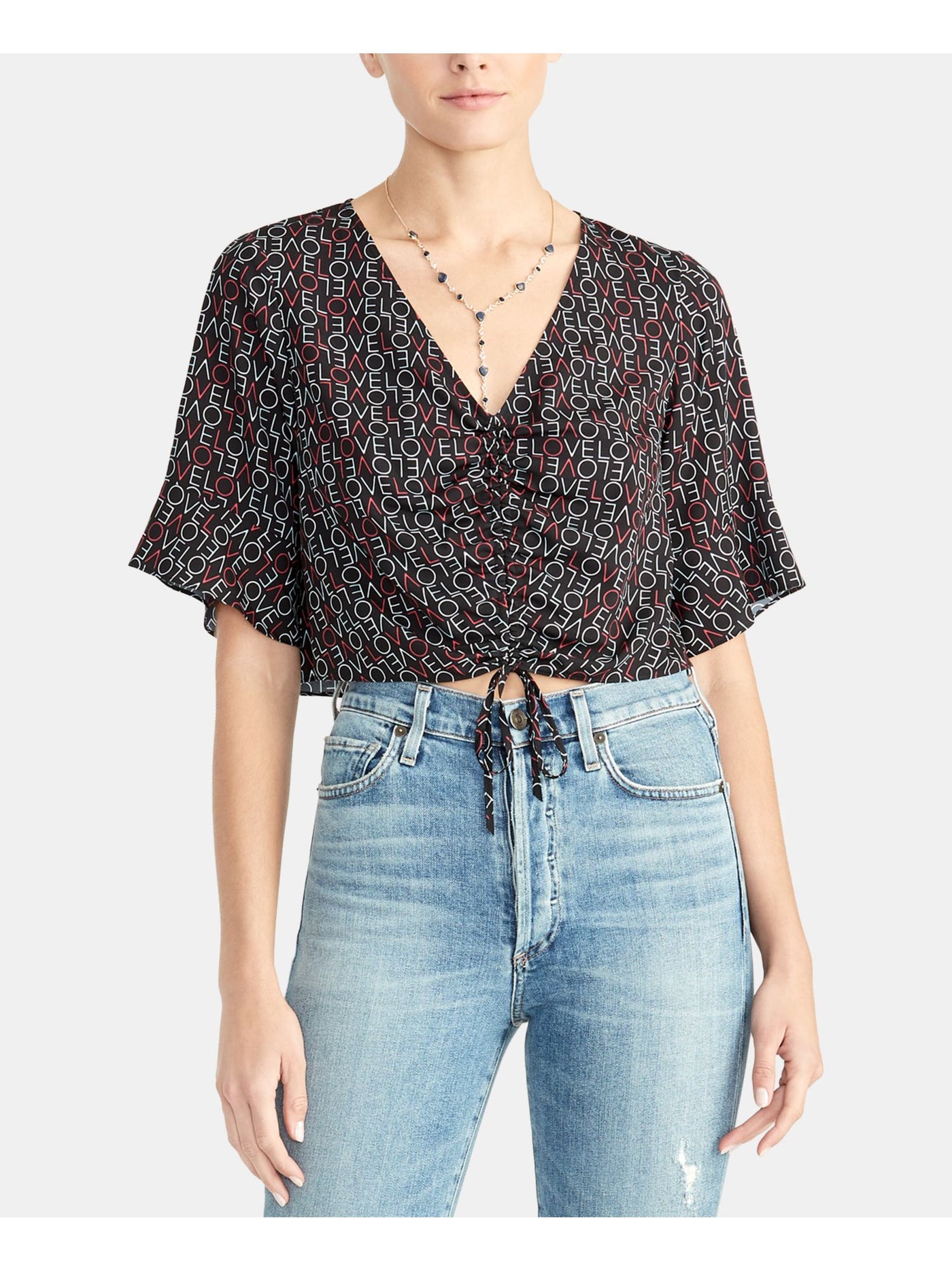 RACHEL ROY Womens Black Printed Dolman Sleeve V Neck Crop Top Size: L