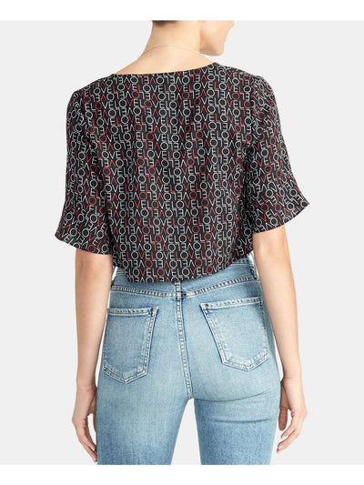 RACHEL ROY Womens Black Printed Dolman Sleeve V Neck Crop Top Size: L