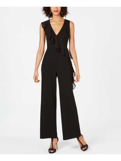 CONNECTED APPAREL Womens Black Stretch Zippered Sleeveless V Neck Evening Wide Leg Jumpsuit Petites 14P