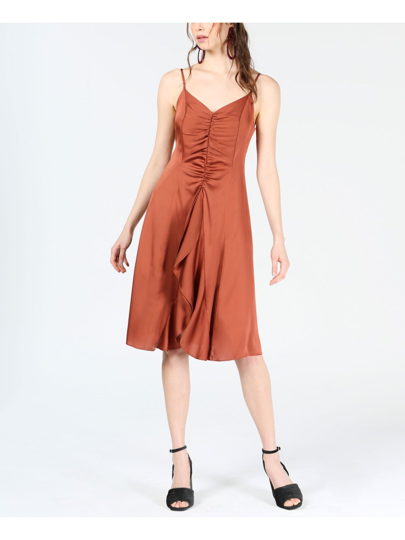 BAR III Womens Brown Ruffled Spaghetti Strap V Neck Knee Length Fit + Flare Dress S