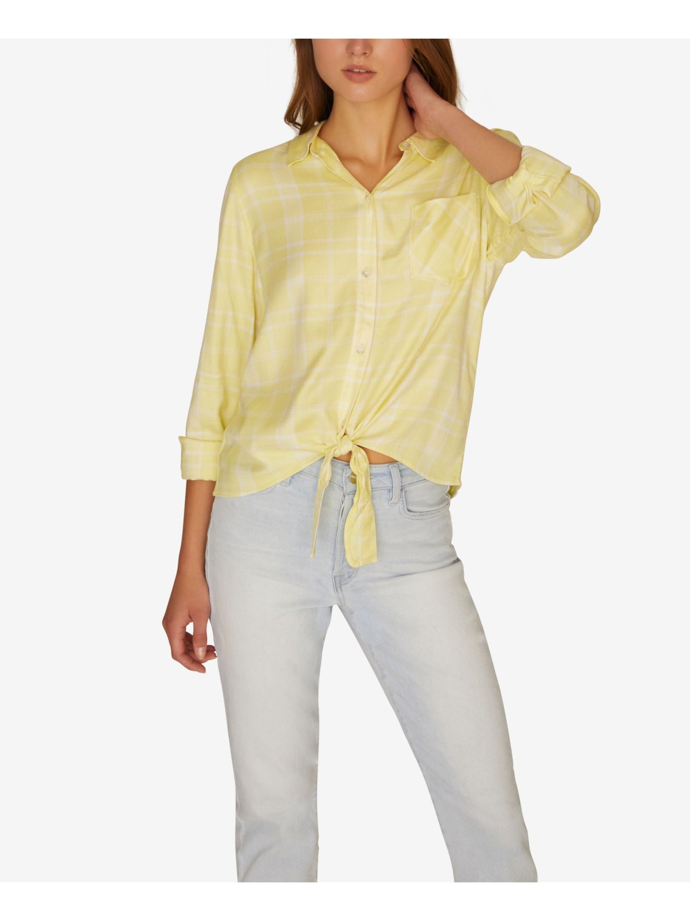 SANCTUARY Womens Pocketed Tie Front Long Sleeve Collared Button Up Top