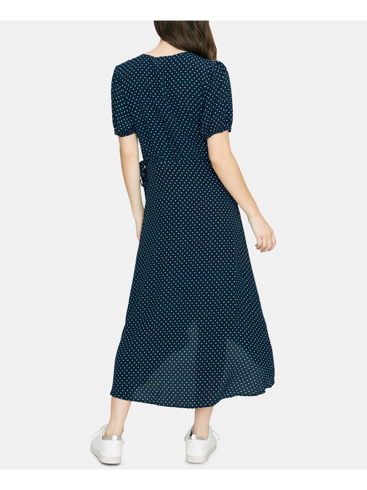 SANCTUARY Womens Navy Polka Dot Short Sleeve V Neck Midi Wrap Dress 2