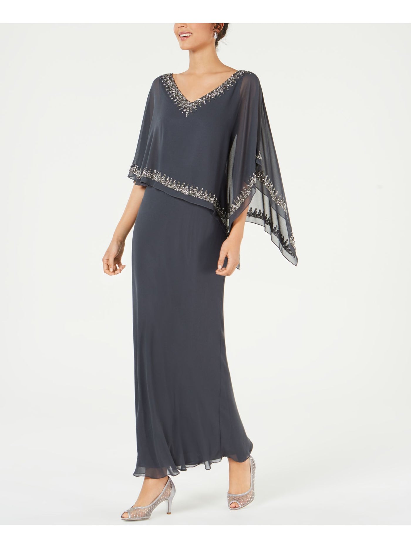 JKARA Womens Beaded Attached Asymmetrical Cape V Neck Maxi Evening Shift Dress