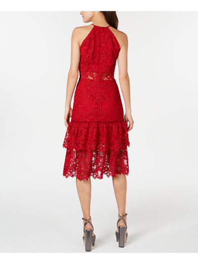 RACHEL ZOE Womens Red Ruffled Eyelet Sleeveless Halter Midi Cocktail Sheath Dress 2