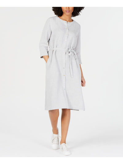 EILEEN FISHER Womens Gray Belted Organic Linen 3/4 Sleeve Jewel Neck Knee Length Shirt Dress XL