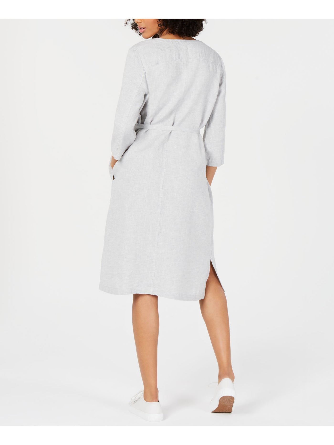 EILEEN FISHER Womens Gray Belted Organic Linen 3/4 Sleeve Jewel Neck Knee Length Shirt Dress XL