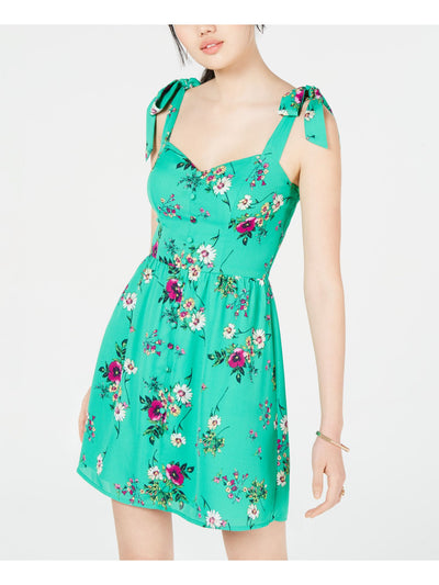 CITY STUDIO Womens Green Tie Shoulders Floral Sleeveless Sweetheart Neckline Mini Sheath Dress 1