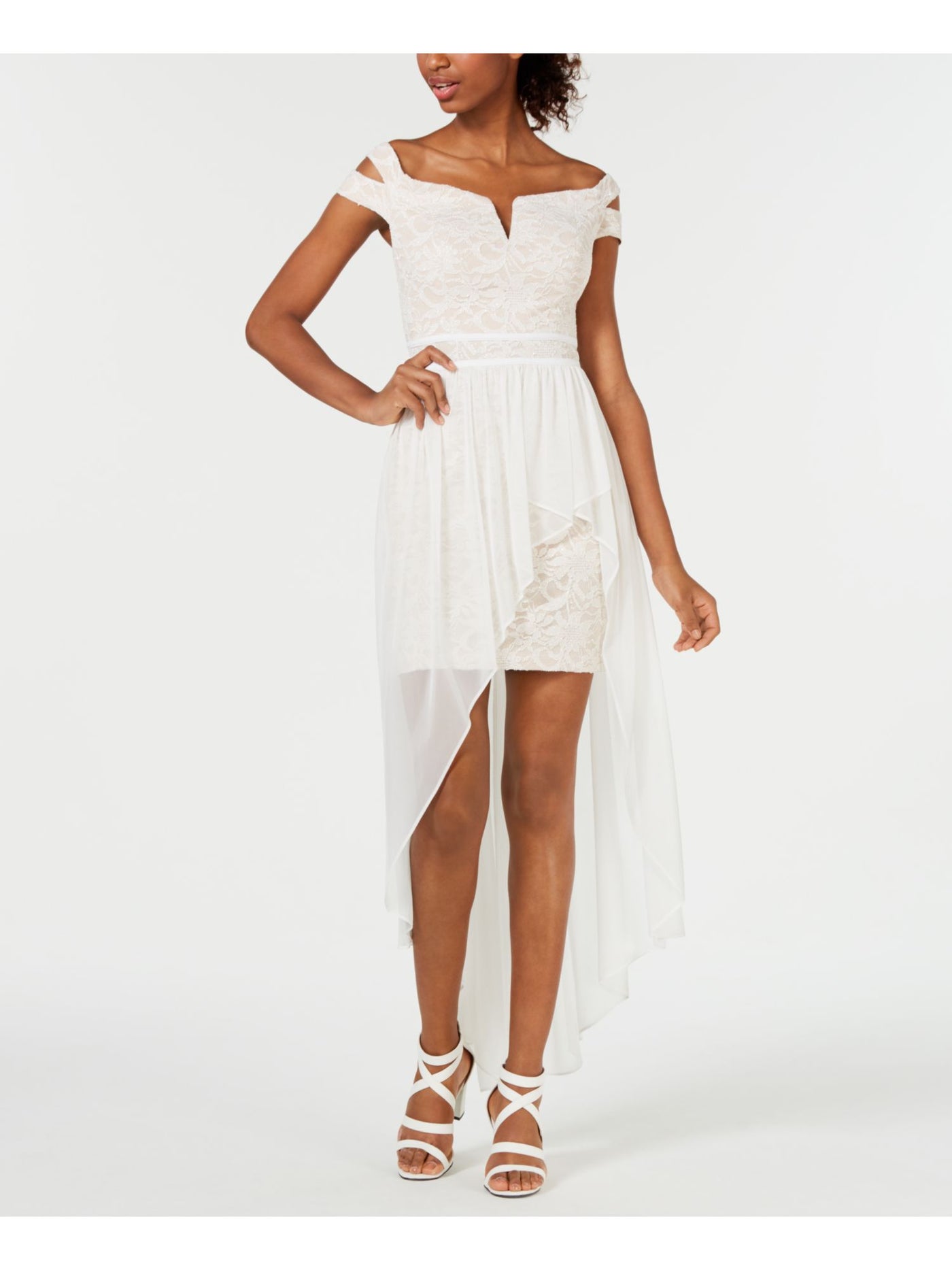 MORGAN & CO Womens Ivory Embroidered Glitter Off Shoulder Short Formal Layered Dress 1