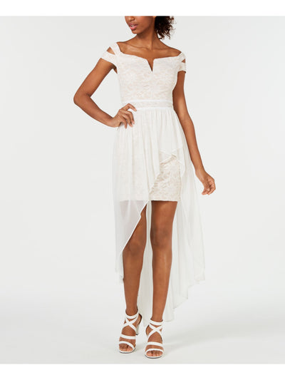 MORGAN & CO Womens Ivory Embroidered Glitter Off Shoulder Short Formal Layered Dress 1
