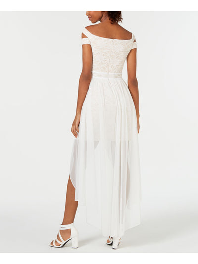 MORGAN & CO Womens Ivory Embroidered Glitter Off Shoulder Short Formal Layered Dress 1