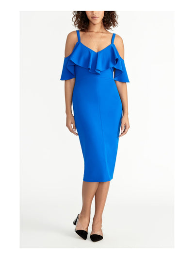 RACHEL RACHEL ROY Womens Blue Slitted Zippered Lined Ruffled Flutter Sleeve Off Shoulder Midi Evening Sheath Dress M