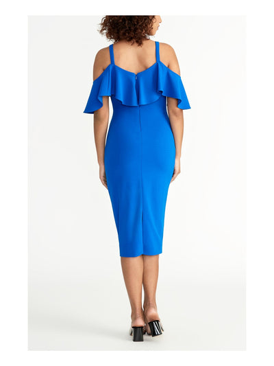 RACHEL ROY Womens Blue Cold Shoulder Ruffled Short Sleeve V Neck Midi Evening Body Con Dress S