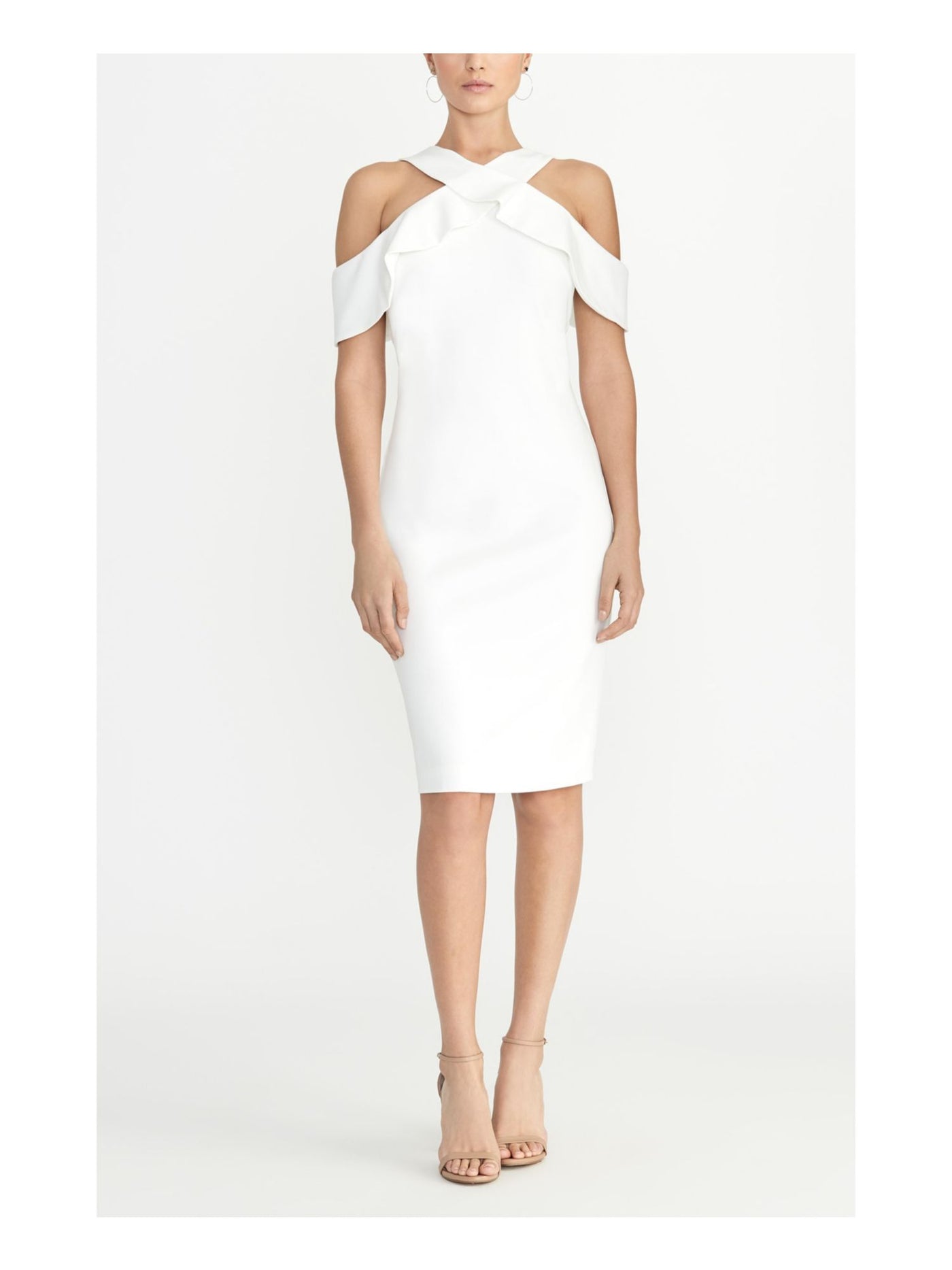 RACHEL ROY Womens White Ruffled Cold Shoulder Sleeveless Halter Below The Knee Evening Sheath Dress XS