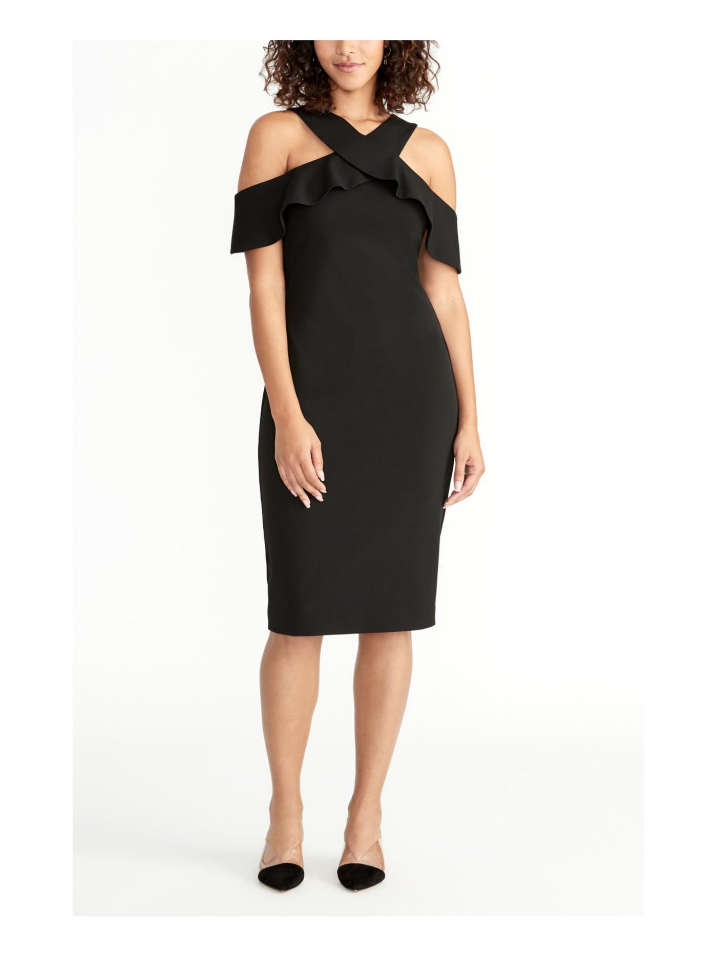 RACHEL ROY Womens Ruffled Cold Shoulder Cold Shoulder Halter Below The Knee Evening Sheath Dress